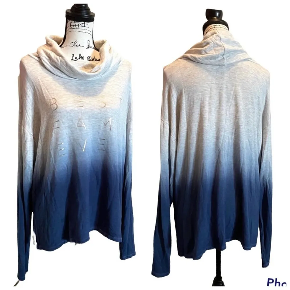 Good Human Cowl Neck Turtleneck Shirt Ombré Blue Medium Best Fam Ever - Image 9