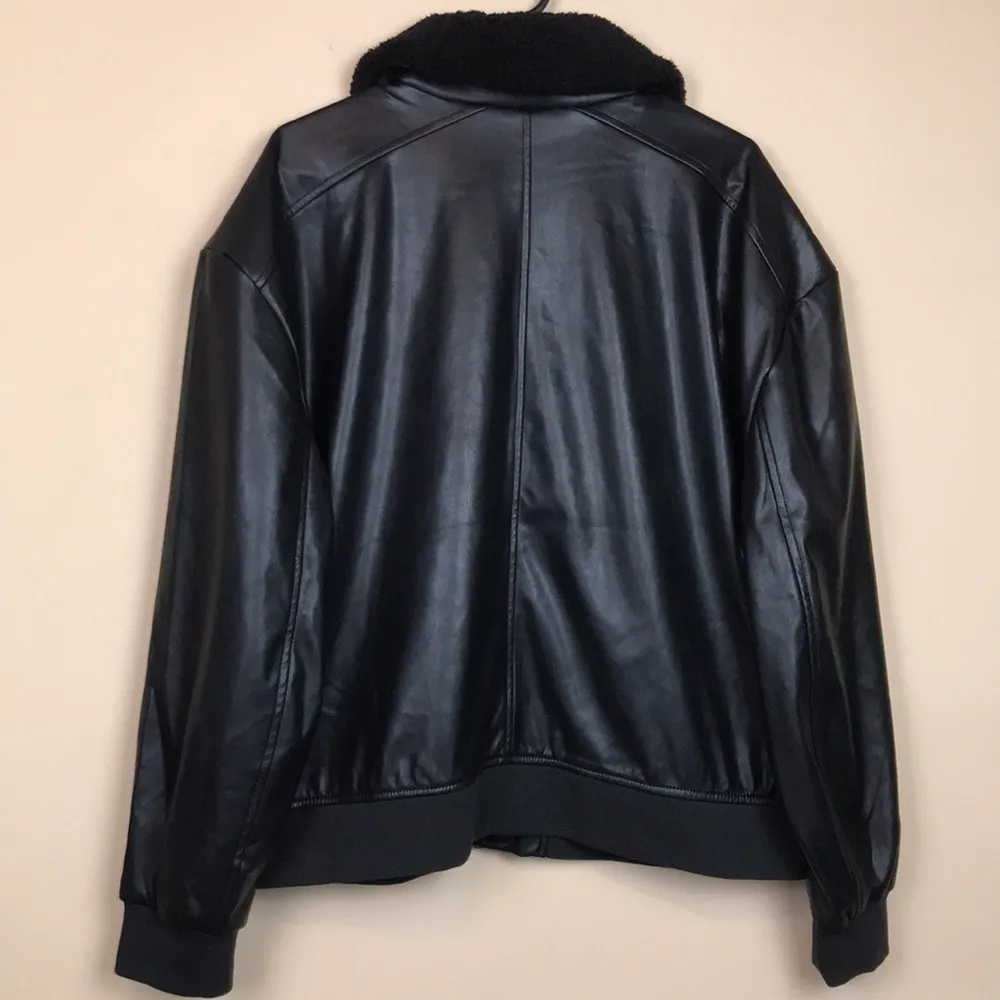 GAP Women’s Black Faux Leather Vegan Sherpa Collar Zip-Up Jacket - Image 6