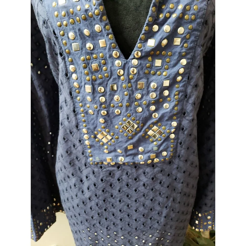 Denim 24/7 Tunic Top Women 24W Navy Blue Eyelet Embellished Boho Festival Chic - Image 3