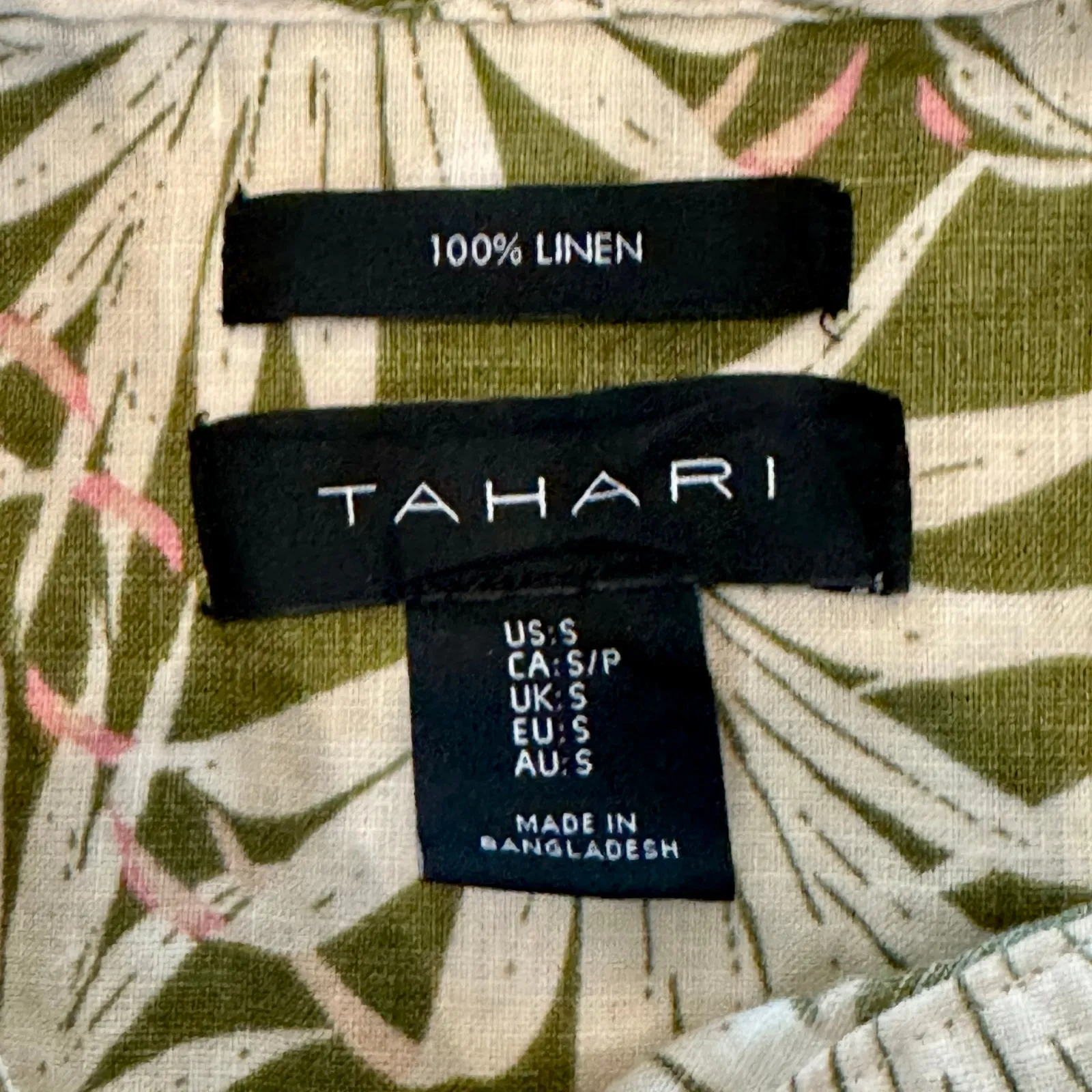 Tahari 100% Linen Sleeveless Blouse Green Floral Tropical Palm Womens small boho - Image 3