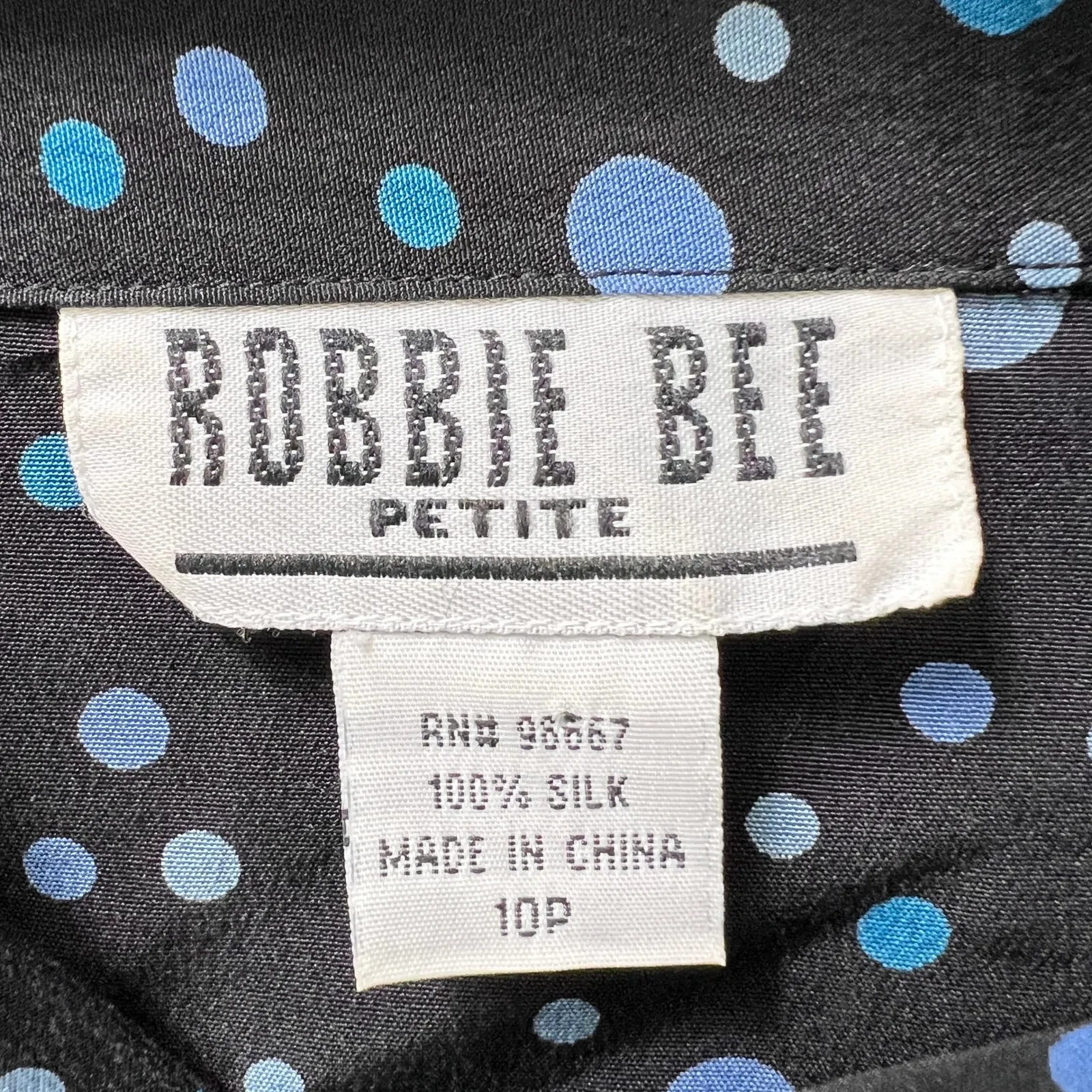 Vintage Robbie Bee Petite‎ 100% Silk Shirt Dress 10P Polka Dot Belted Black Blue - Image 6