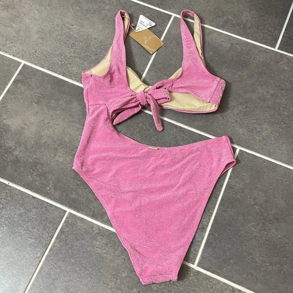 Berlook Shimmer Pink Lurex Cutout One Piece Swimsuit size XL - Image 3