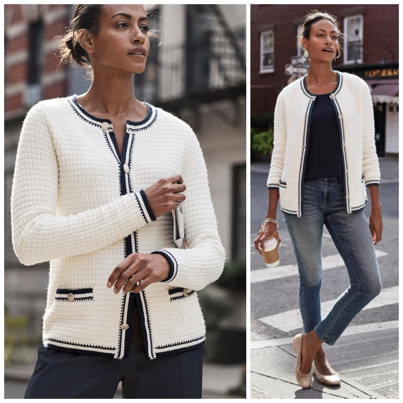 J. Jill Cardigan S L Contrast Trim Sweater Jacket Nautical Coastal‎ Beach Preppy - Image 3