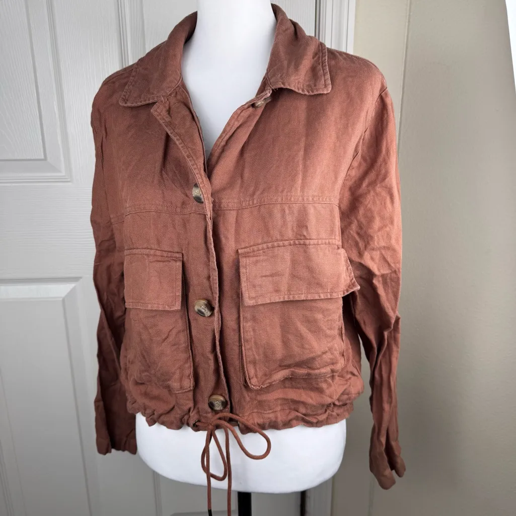 C&C California Linen Blend Utility Brown Chestnut Rust Jacket Size Medium - Image 4