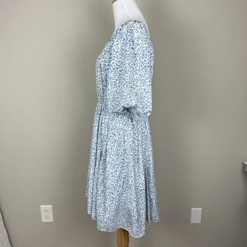 Mikarose Dress Womens Large‎ Blue Floral Puff Sleeve Milkmaid Smocked Pockets L - Image 10