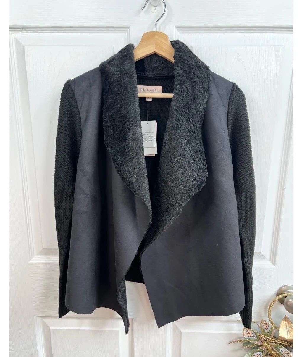 Philosophy Jacket Size XS Black Draped Open Front Faux Fur Collar Knit Chic - Image 2