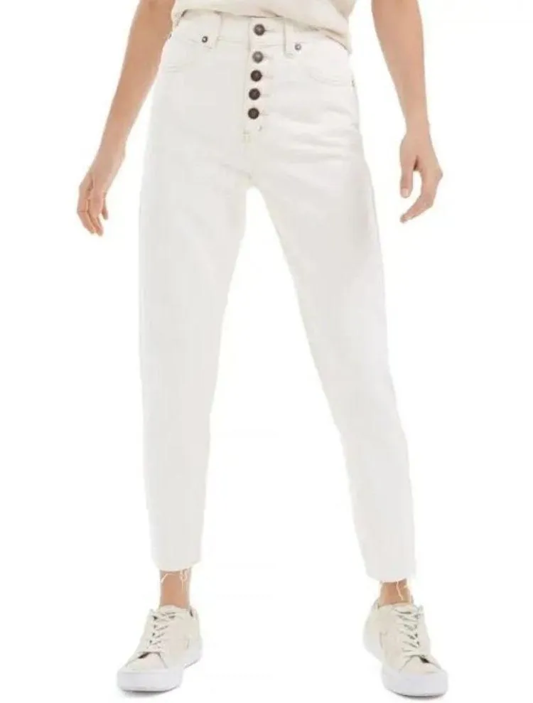 NEW Free People Crop Rigid Button Fly Rigid Raw Hem Slim Ivory White Jeans 27 - Image 2