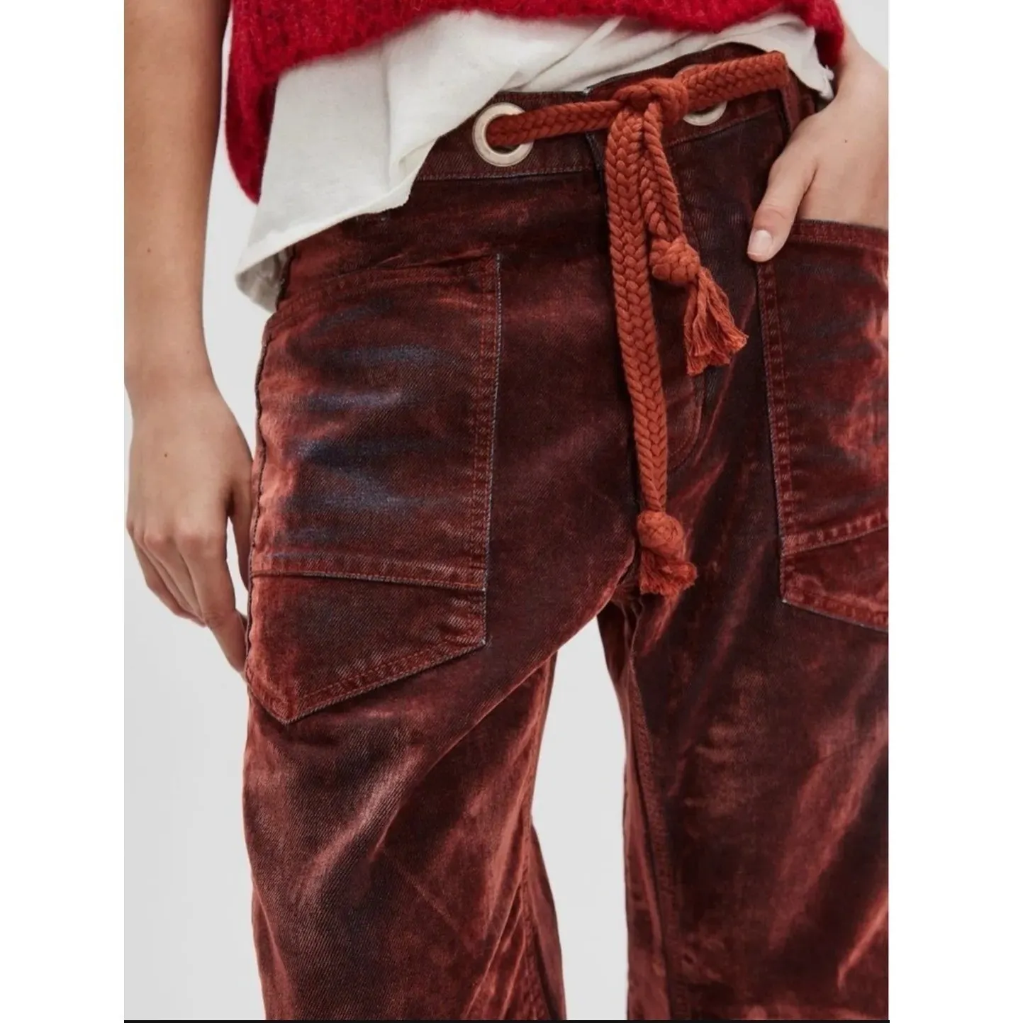 Free People Moxie Flocked Pull On Barrel Jeans Red Velvet Rope Tie Size 28 - Image 3