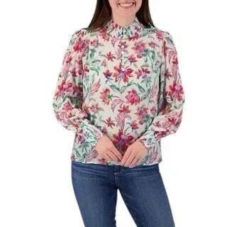 APNY Woven Floral Print Mock Neck Long Sleeve Blouse Sz XL Blue - Image 3