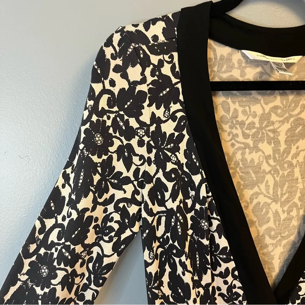 Diane von Furstenberg Dress Black & Cream Floral Taurus Wrap VINTAGE Sz 6 EUC - Image 9