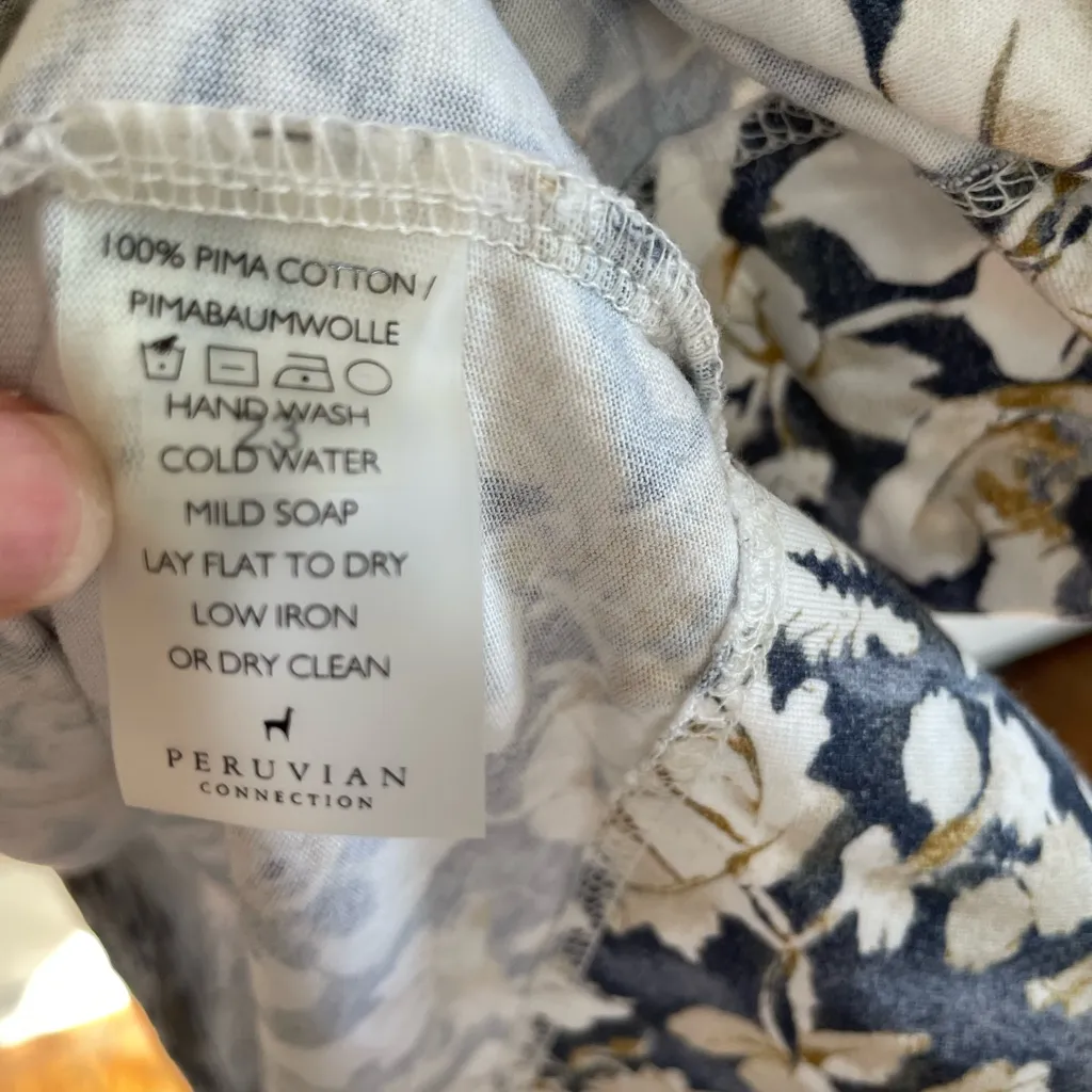 Peruvian Connection Maxi Dress M Cotton Cream Navy Floral A-Line Pockets Boho - Image 5