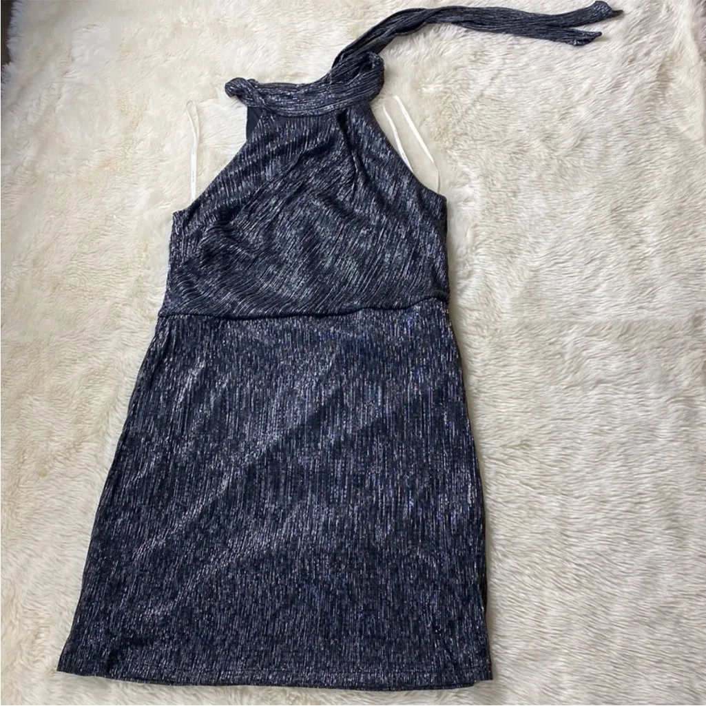 Halston Heritage Metallic Knit Halter Tie Back Dress Black Silver 12 - Image 5
