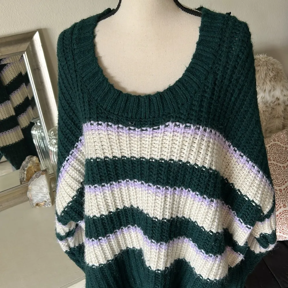 Aerie offline green cream striped chunky knit oversized comfy lounge sweater XXL - Image 2