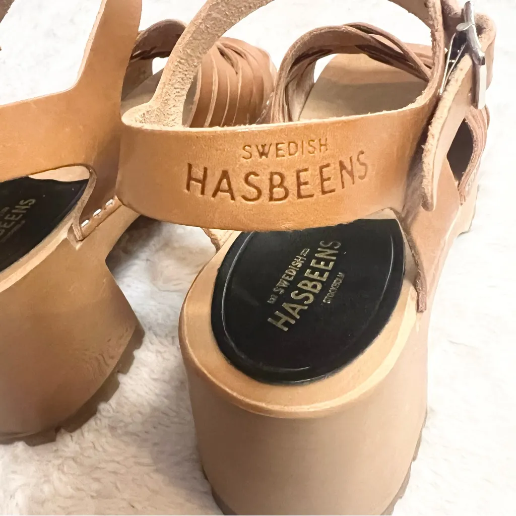 Swedish Hasbeens Rutan Tan Leather & Wood Ankle Strap Lug Sole Sandals Size 7 - Image 9