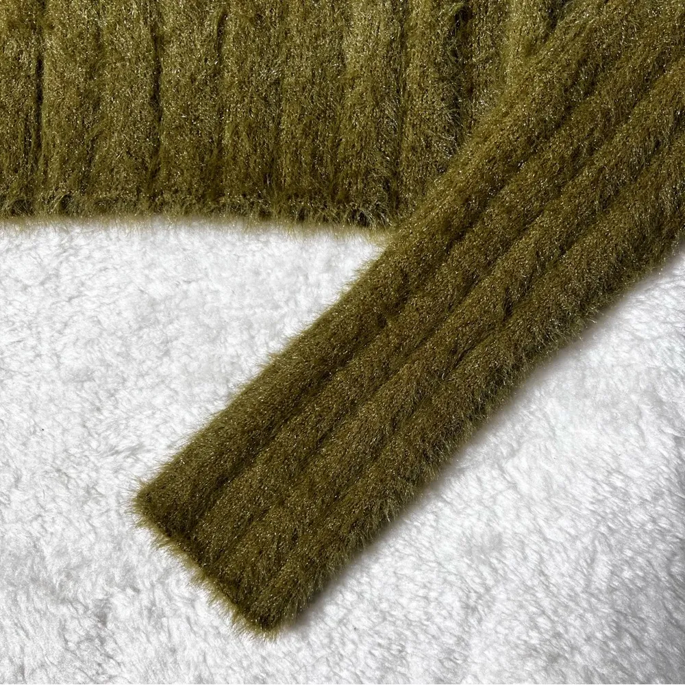 Urban Outfitters Martini Fuzzy Eyelash Olive Green Cropped Sweater - Image 3