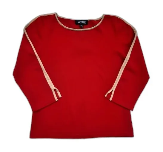 Kasper Stretchy Crop Sweater Knitted Top Red with Tan Accent 3/4 Sleeve Size M - Image 1