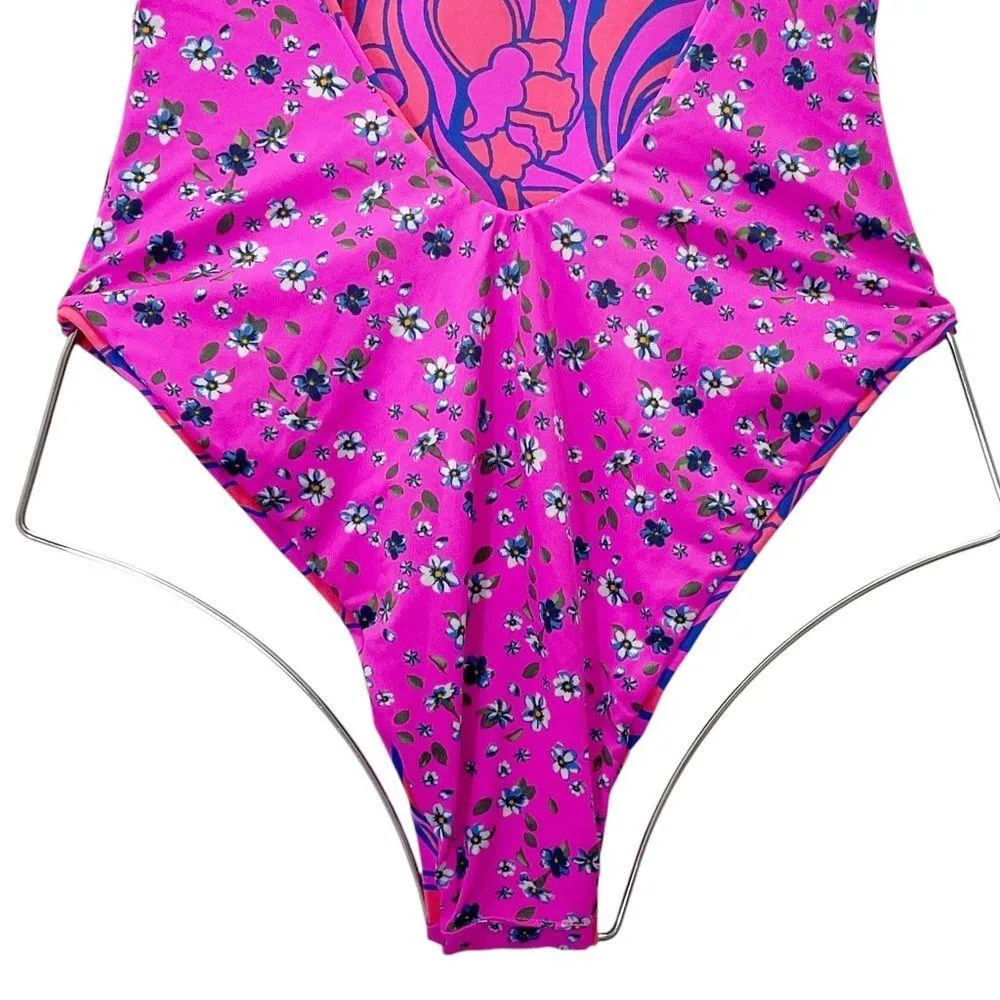 Maaji Reversible One Piece Swimsuit Size Small Floral Psychedelic Pink Halter - Image 11