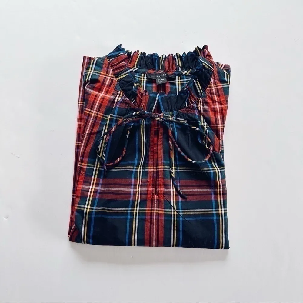 NEW J.Crew Scalloped Tie Neck Stewart Tartan Plaid Poplin Shirt - Image 7