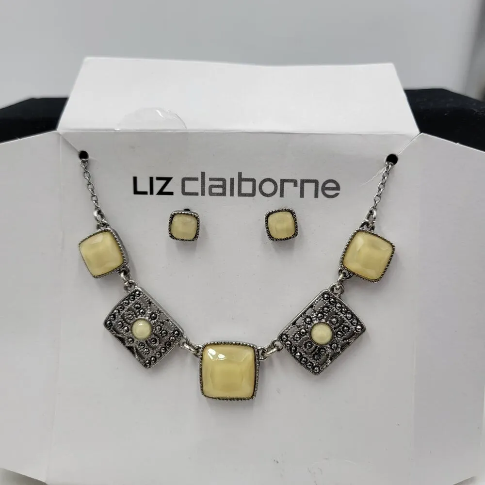 Liz Claiborne Women Jewelry Set Cream Silver Tone Choker Style Pierced Earrings - Image 7