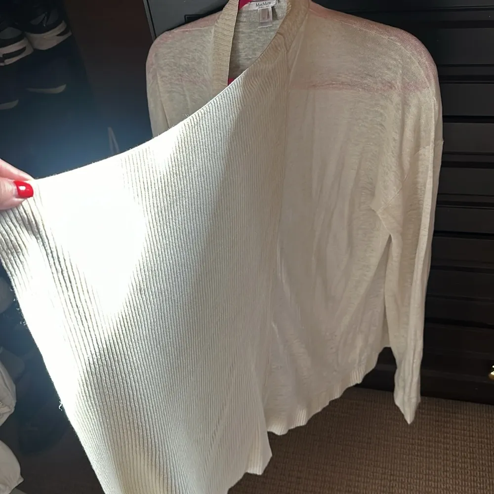 Max Mara open front cardigan ivory ribbed drape front Medium flax linen - Image 4