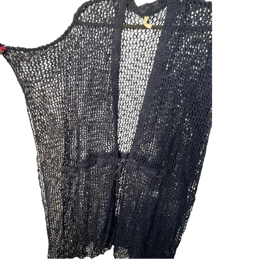 POL Duster Cardigan Cover Up Navy Blue Crochet Tie Waist Boho Indie Coastal Sz S - Image 11