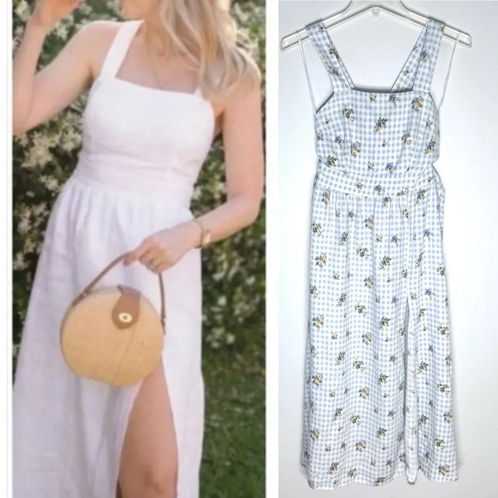 Reformation Elara Linen Midi Dress in Al Fresco Check Floral Sz 0 - Image 2