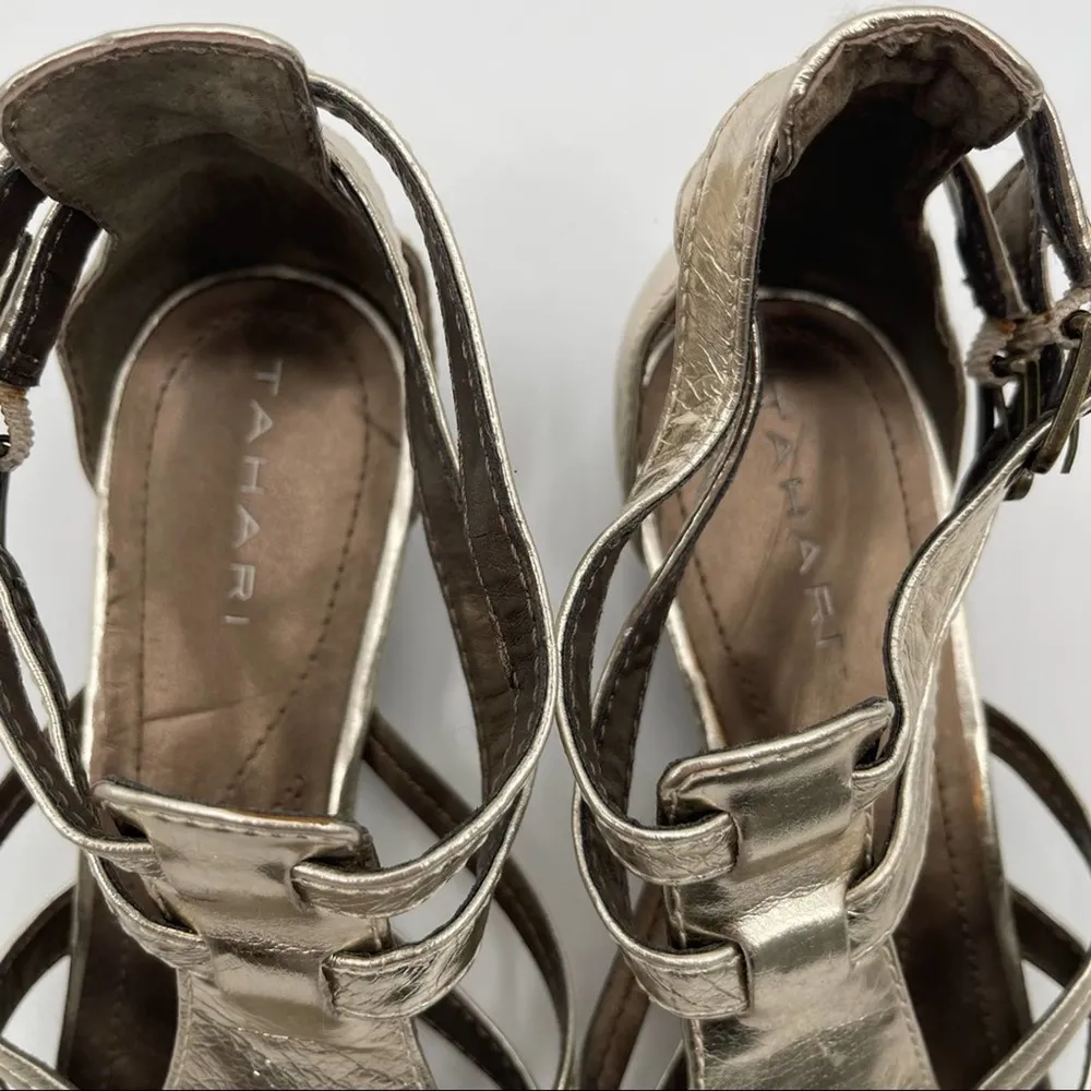 TAHARI Sandals Gold Leather Shoes Strappy Flat Ankle Straps Summer Size 9.5 - Image 9