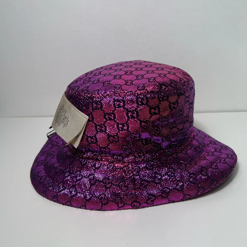 Gucci GG Monogram Jacquard Logo Lame Metallic Floral Reversible Bucket Hat - Image 13