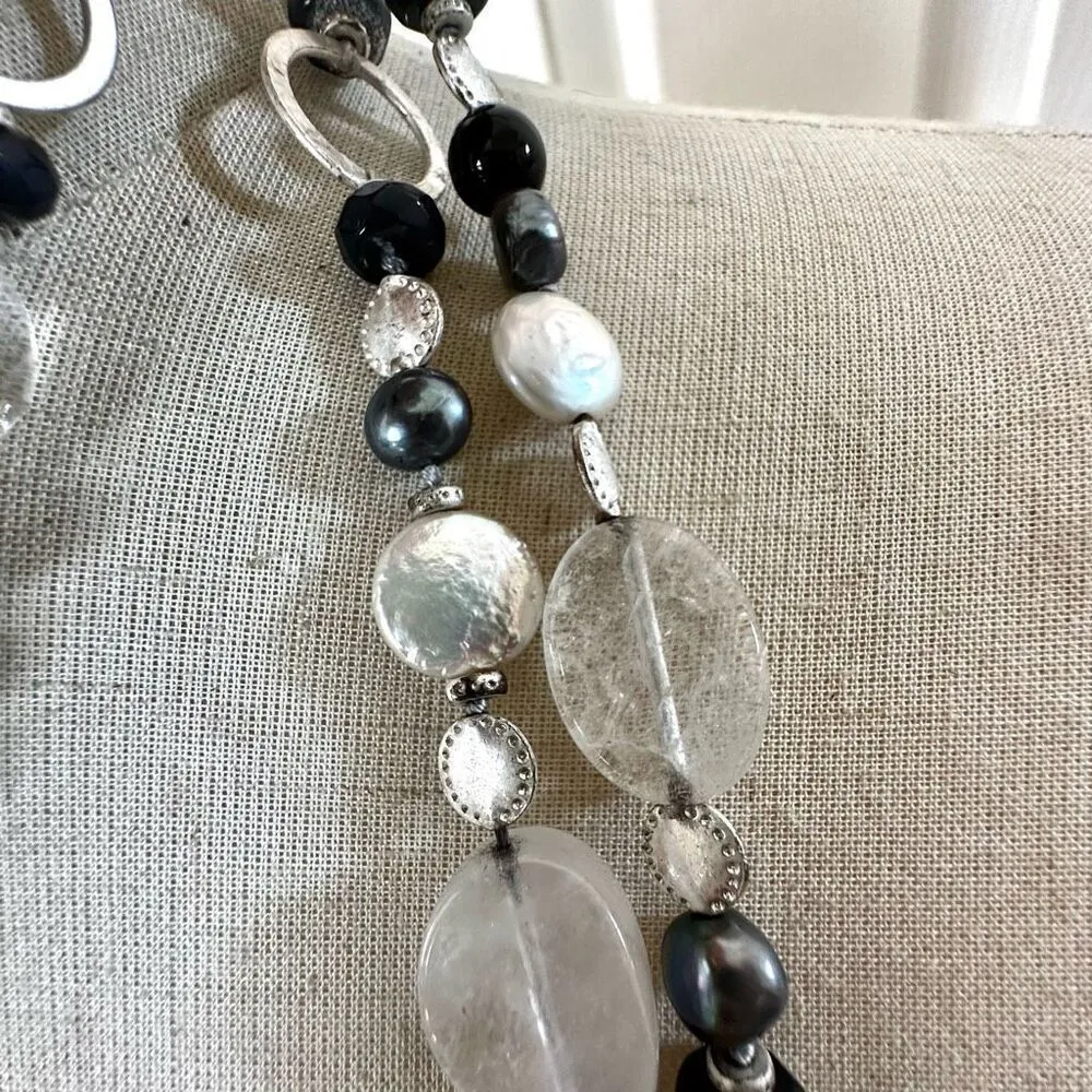 Stella & Dot Necklace Silver Tone Rock Crystal & Onyx Freshwater Pearl Necklace - Image 4