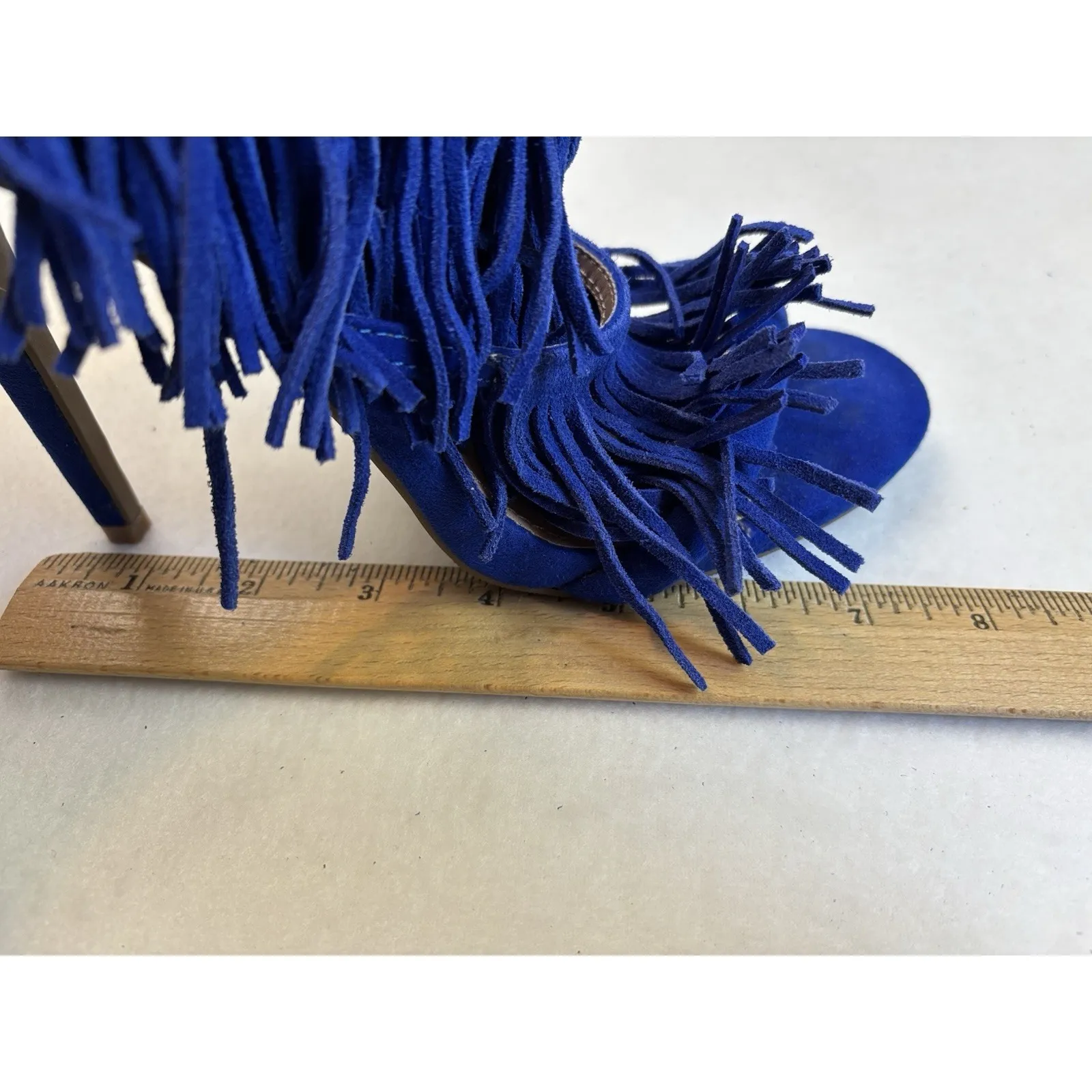Candies Blue Strap Fringe Suede Heels Zip Back Size‎ 8 Open Toe Ultra High 5" - Image 8