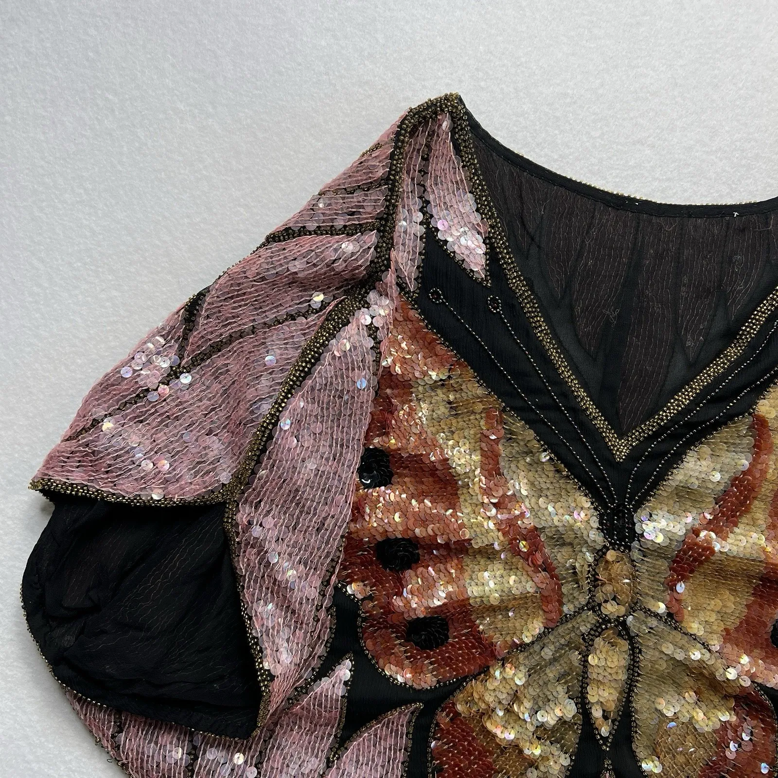 VTG Sequin Butterfly Batwing Top Silk Beaded Boho Festival Disco Fairy Costume Pink Size M - Image 14