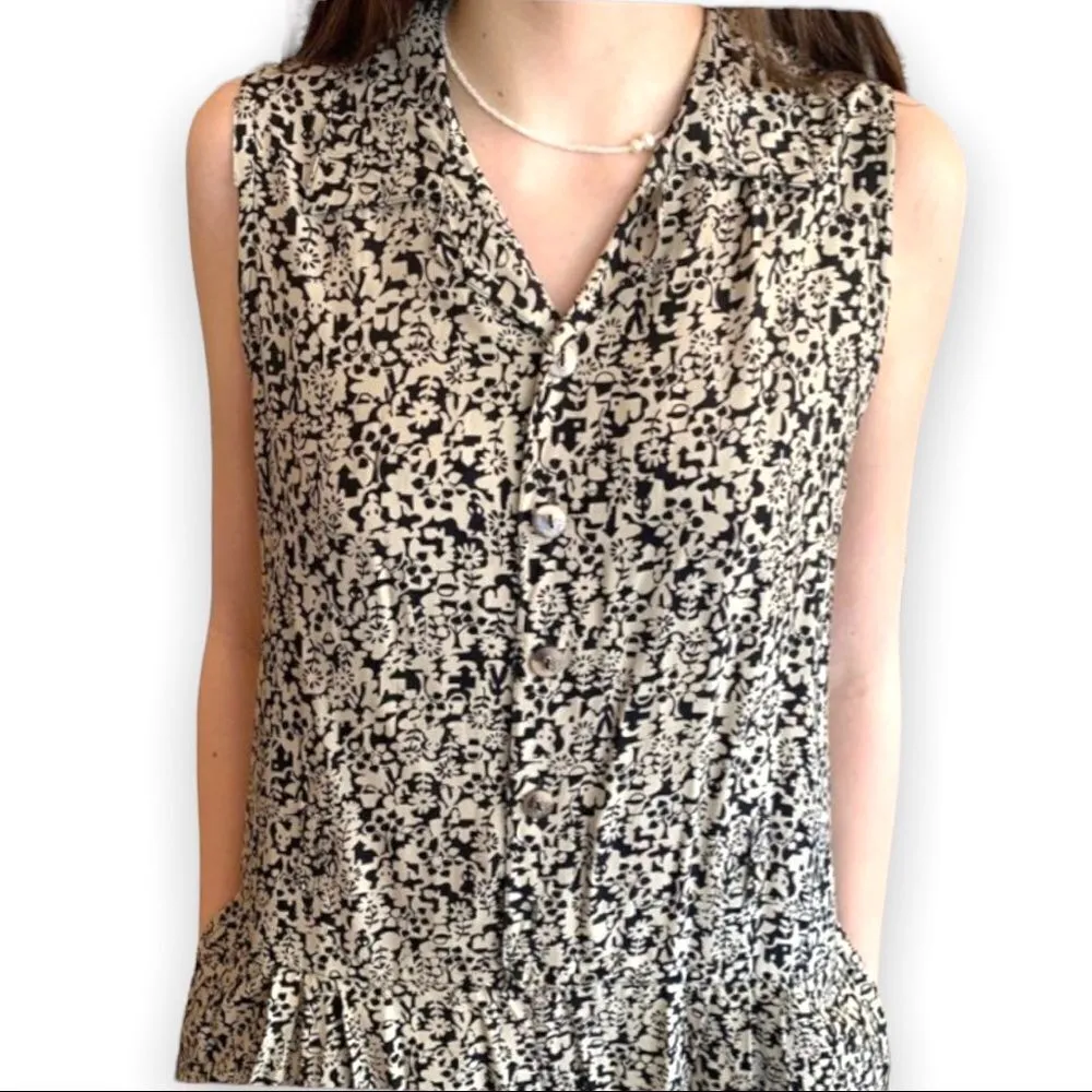 Vintage 90s Esprit Drop Waist Abstract Print Black and Cream Sleeveless Romper - Image 3
