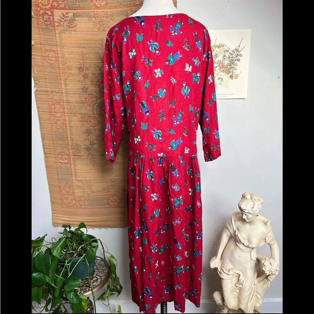 90s  Vintage Dropwaist Folk Print Red Dress Large - Image 2