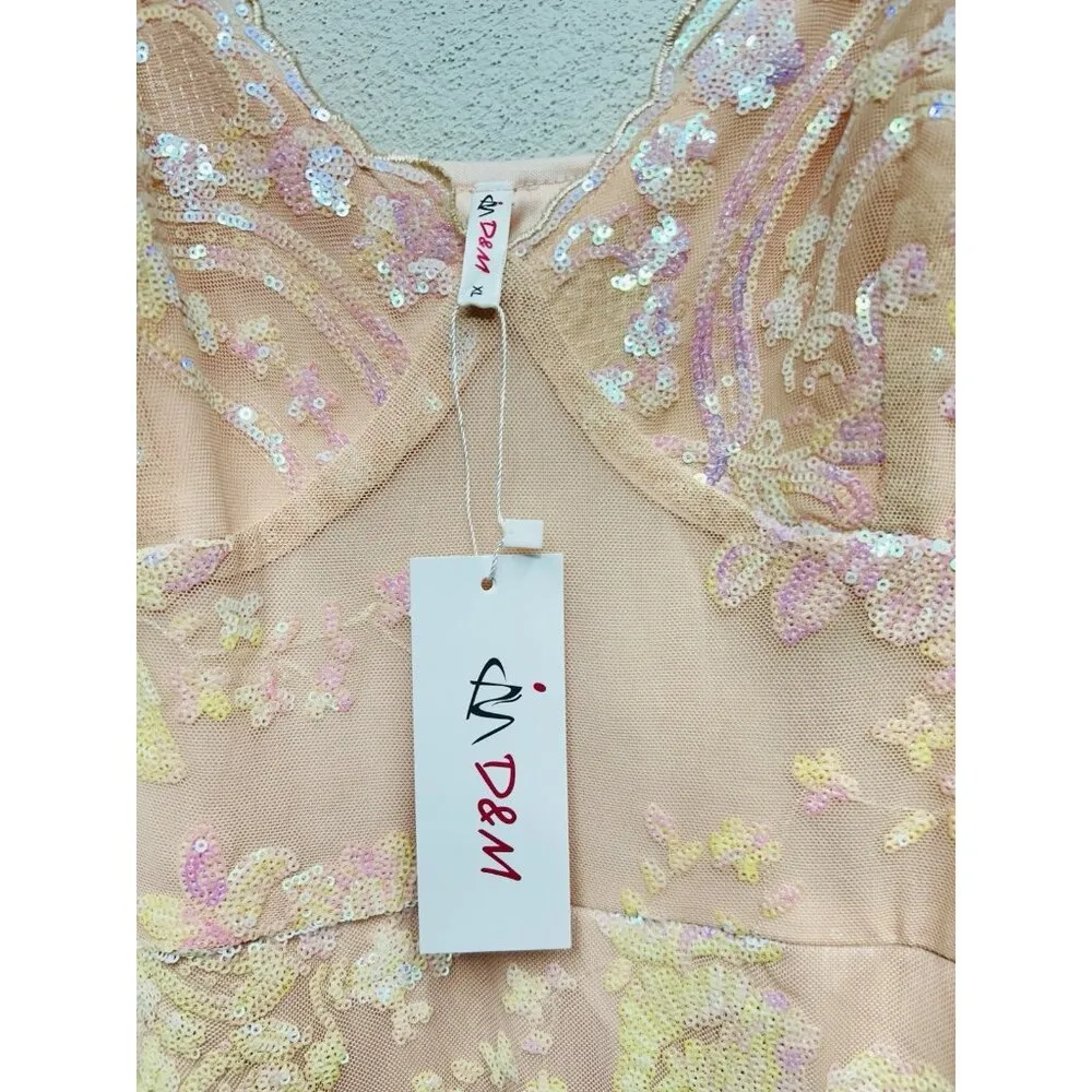 Babydoll Cami Sequin Maxi Dress Pink Scallop Trim 90s Y2K Fairy Formal READ Size M - Image 16