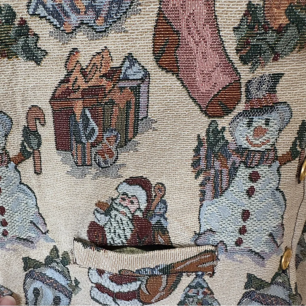 MLNY‎ Vintage Christmas Vest Santa Snowman Tapestry Holiday Waistcoat Medium Red - Image 5