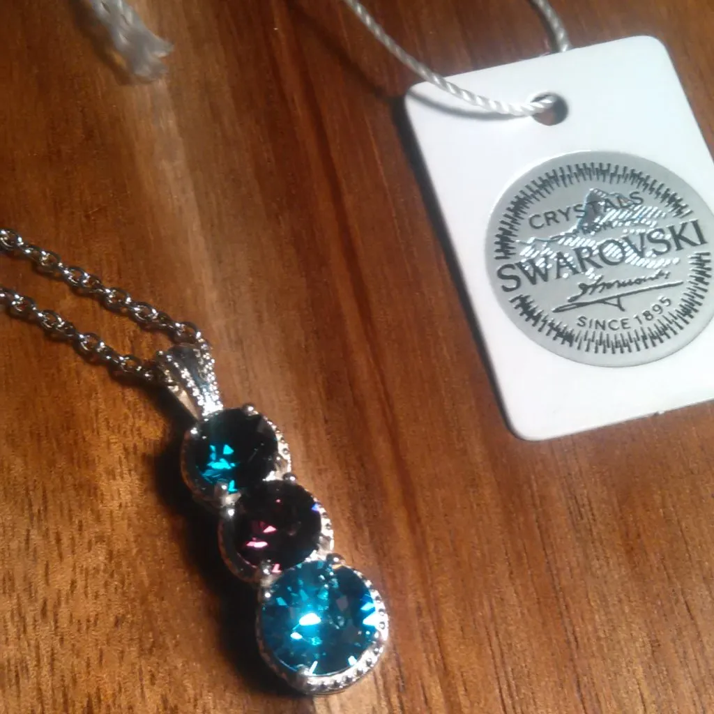 Swarovski Crystal Three Stone Sterling Silver Pendant Stainless Steel Necklace - Image 2