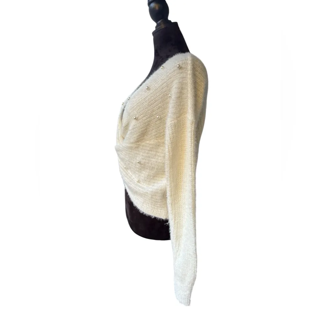 Chic White Pearl Embellished Twist Front Sweater Soft Knit LG Trendy Cozy Winter - Image 3
