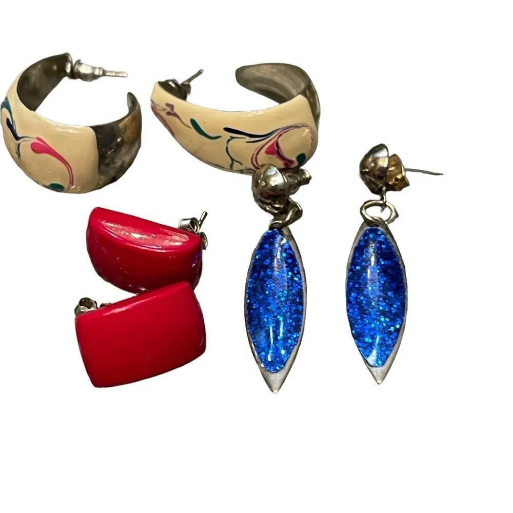 80’s New Wave Epoxy Costume Jewelry Pierced Lot 3 Pairs Authentic - Image 2