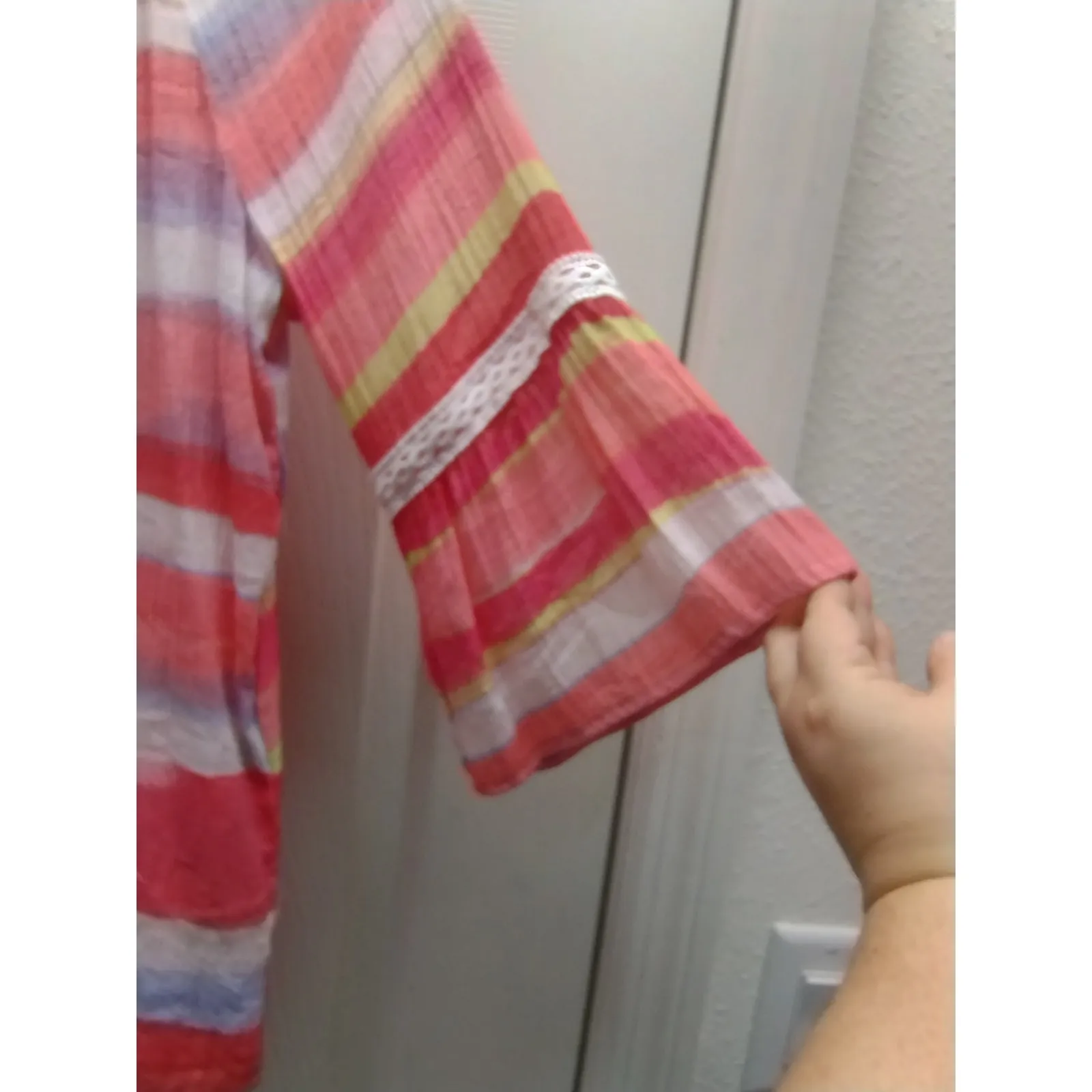 Eight Clovers Women's Size Medium Colorful Striped Bell Sleeve Split Neck Top Pink - Image 3