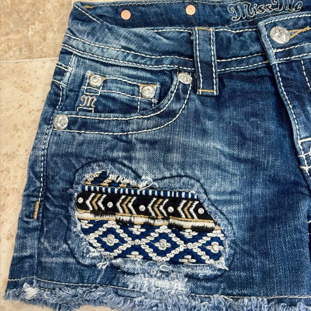 Miss Me Blue Distressed Jean Shorts with Bohemian Patches - Image 8