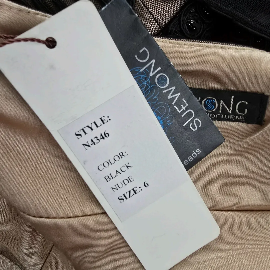 Sue Wong Nocturne Black Lace Beaded V Neck Cap Sleeve Maxi Dress Size 6 - Image 7