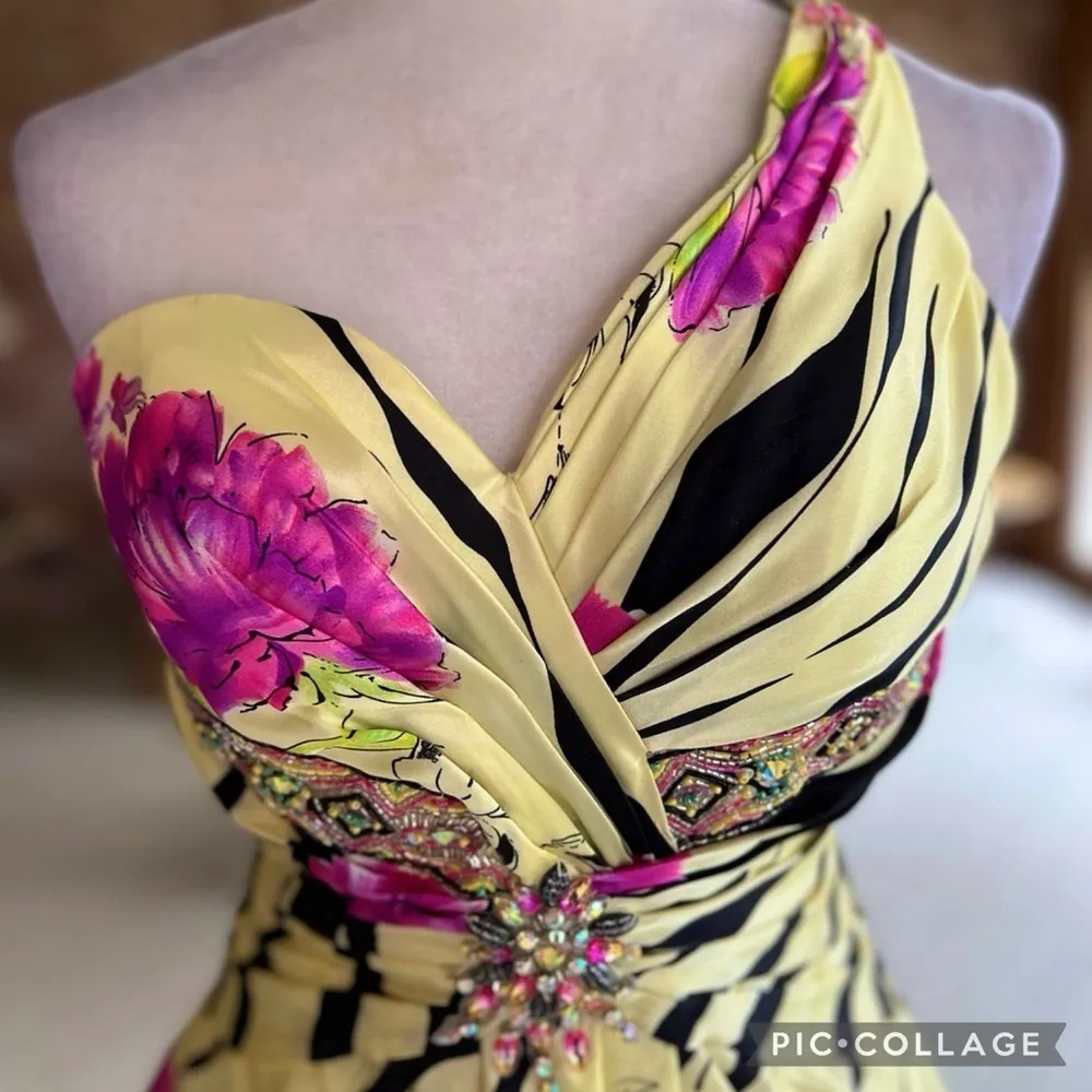 Riva Designs Dress Mini Satin XS Floral One Shoulder Yellow Multi Beaded Bubble - Image 4