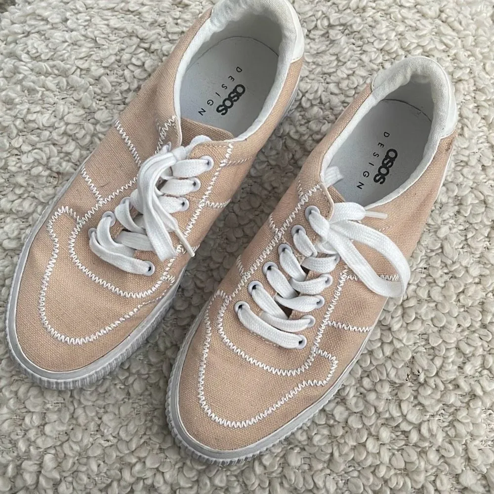 Asos Design‎ Women's Lace Up Embroidered Platform Canvas Sneaker Shoes Pale Pink - Image 2