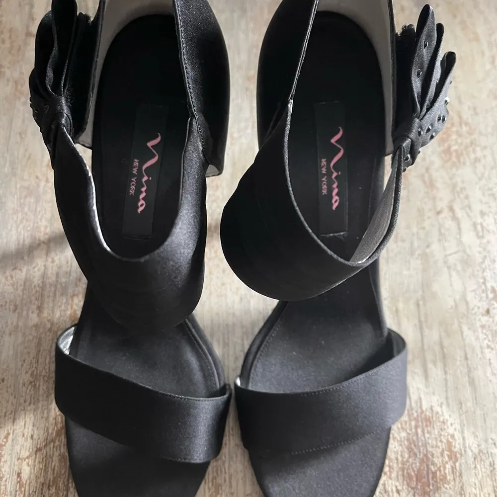 Clova LS Black Luster Satin Bow Ankle Strap Stilletto Heels Size 8 🖤 - Image 8