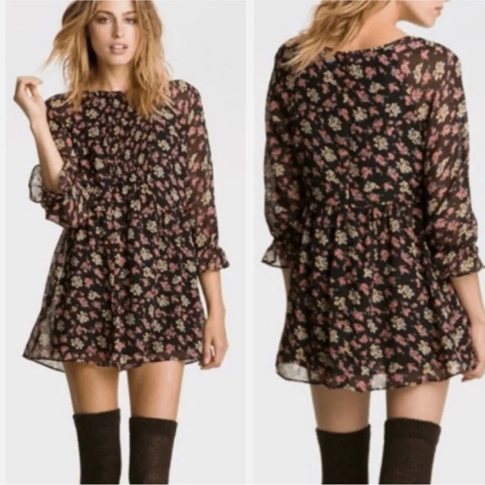 Free People Floral Babydoll Mini Dress Long Sleeve Women’s XS Black Red Boho - Image 2