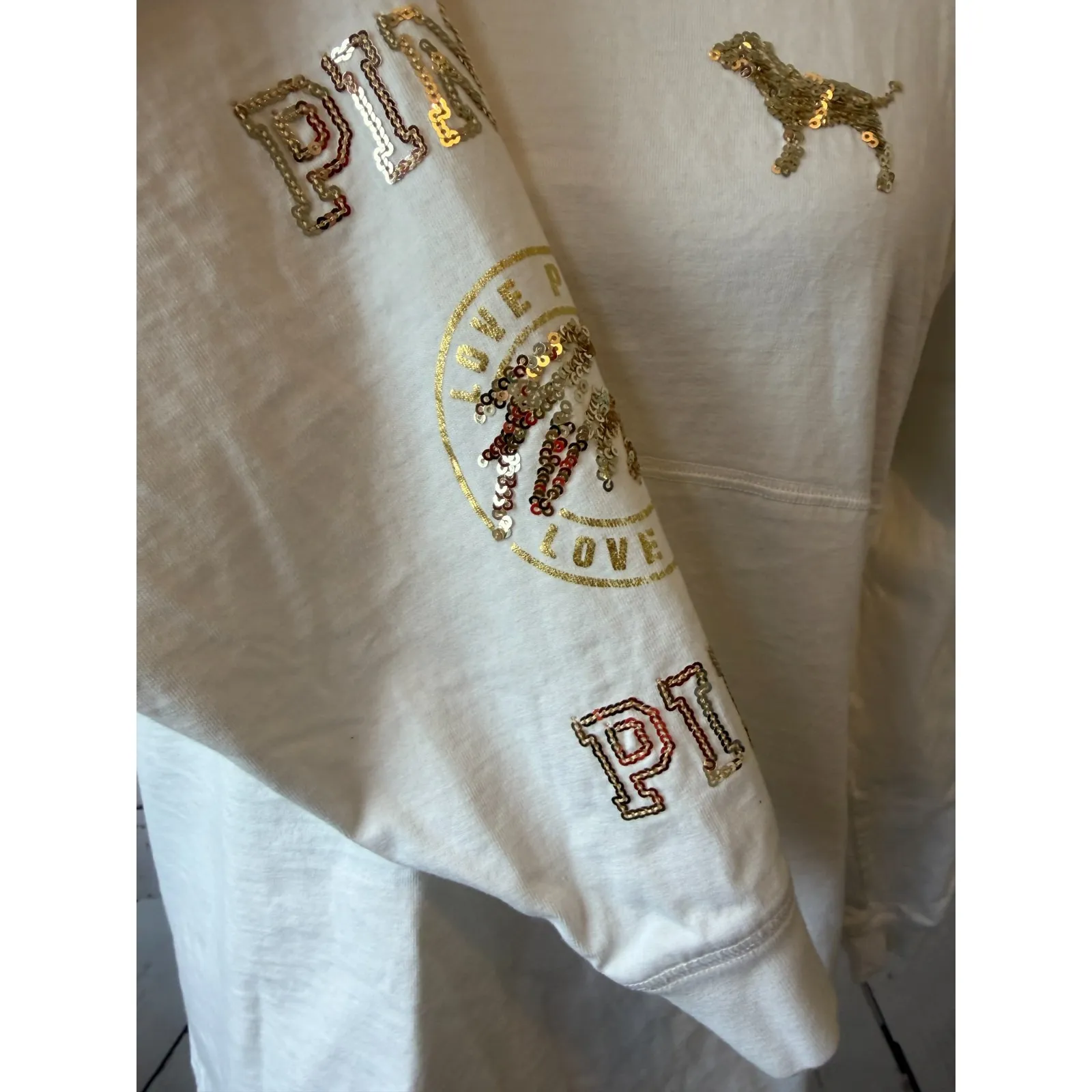 PINK Victorias Secret Long sleeve shirt Small Gold Sequins Bling Sweatshirt Top - Image 5
