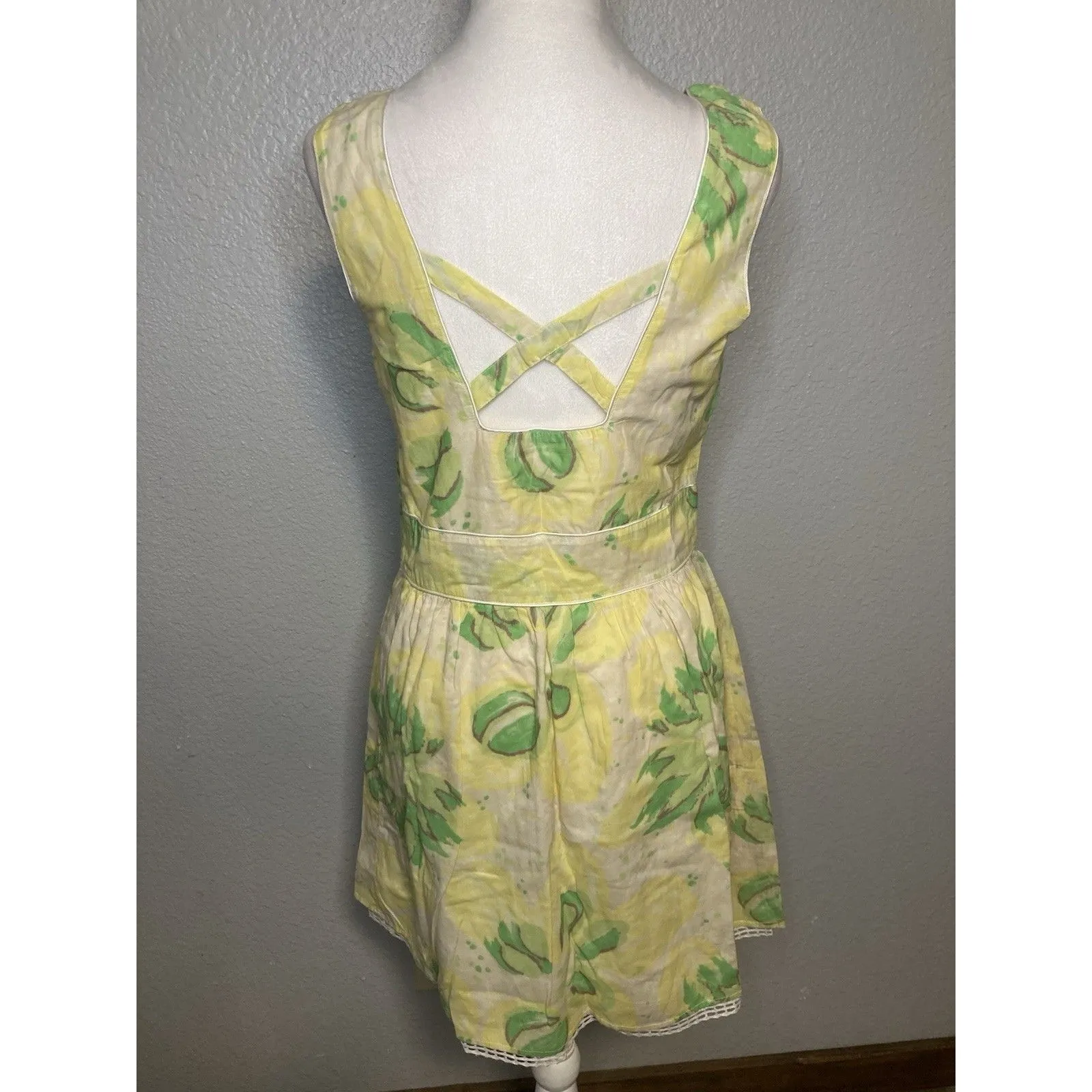 FREE PEOPLE Mini Sun Halter Dress Size 8 Yellow Green Cotton Floral Open Back - Image 3