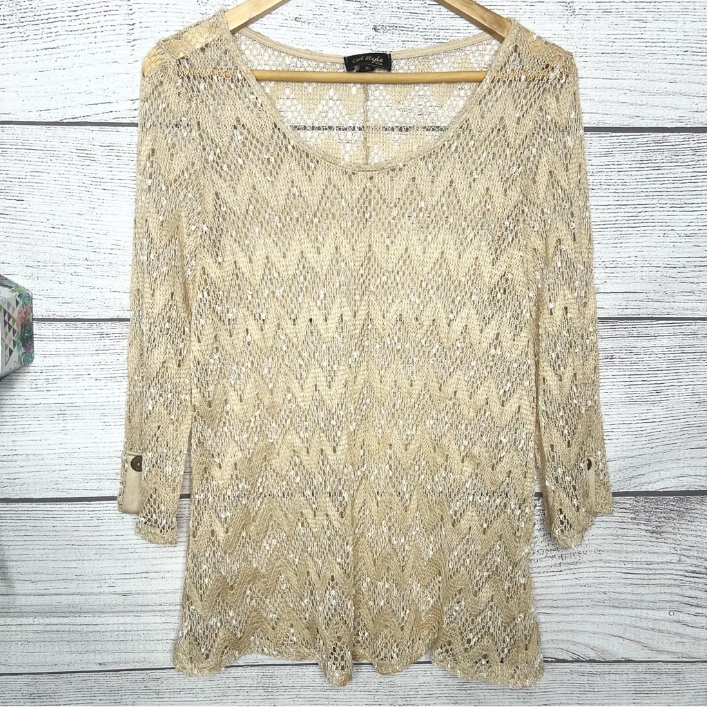 Cal Style Sheer Beige Knit Bohemian Long Sleeve Blouse Tunic Top Size XL Neutral Tan - Image 4