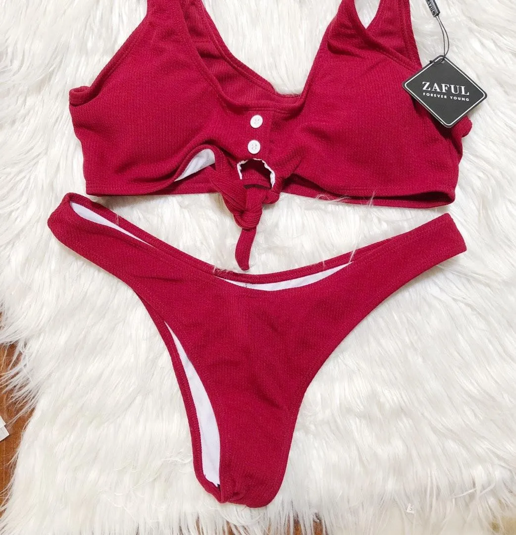 Zaful Berry High Waisted Cheeky Bikini - Image 4