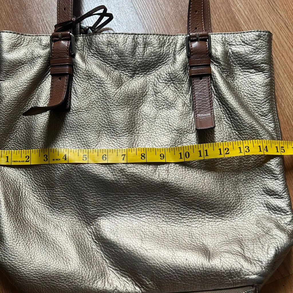 Michael Kors Metallic Silver Tote with Brown Straps - Image 9